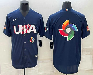 Mens USA Baseball Blank 2023 Navy World Baseball Big Logo Classic Stitched Jersey